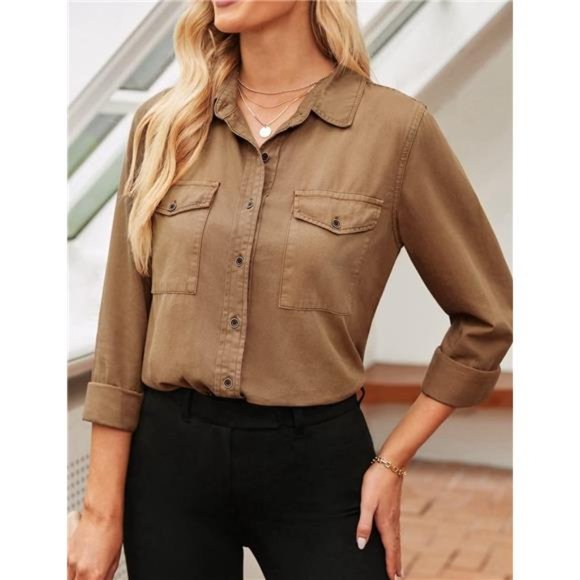 Women's Button Down Denim Shirt Collared Casual Long Sleeve Pocket Top, Brown - Picture 3 of 6